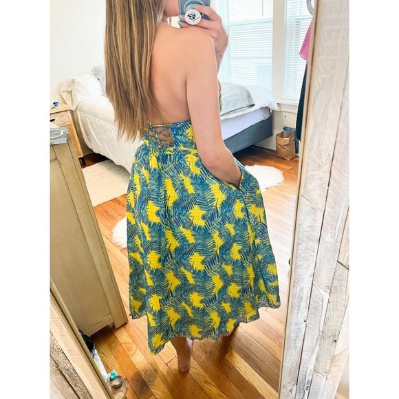 Tanya Taylor Yellow and Blue Floral Palm Print Halter Maxi Dress Size 2 - Picture 4 of 10